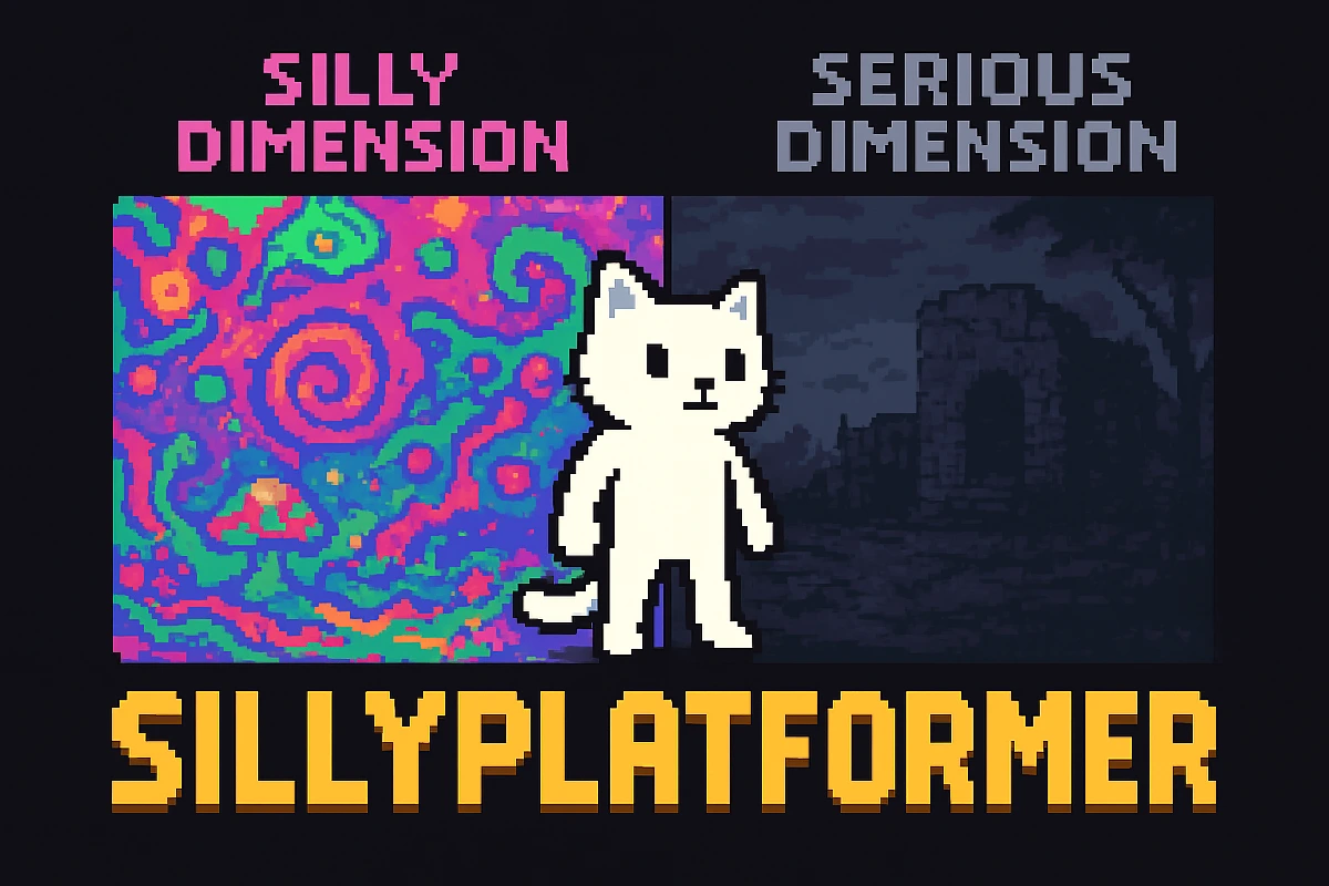 Key art for SillyPlatformer: a pixel-art cat standing between a neon Silly Dimension and a dark Serious Dimension