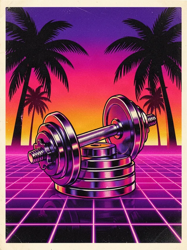 Airbrushed poster of a chrome dumbbell on a neon grid